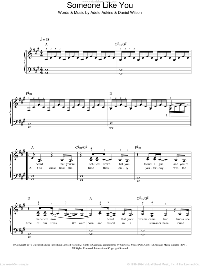 Someone Like You sheet music for piano solo by Adele, easy skill level