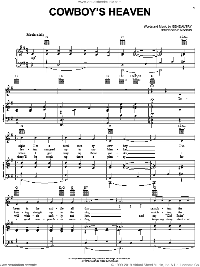 Cowboy's Heaven sheet music for voice, piano or guitar by Gene Autry and Frankie Marvin, intermediate skill level