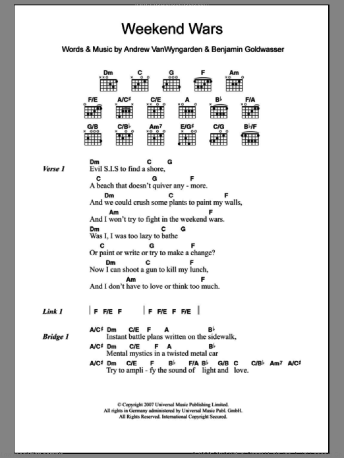 Weekend Wars sheet music for guitar (chords) by MGMT, intermediate skill level