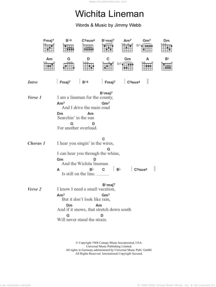 Wichita Lineman sheet music for guitar (chords) by Glen Campbell, intermediate skill level