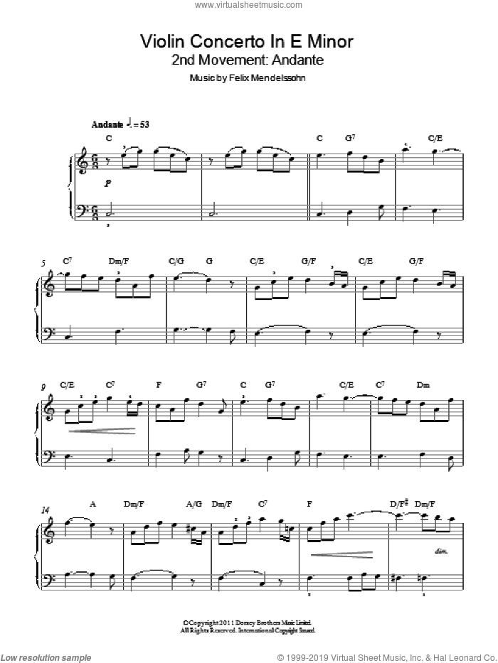 Violin Concerto In E Minor, 2nd Movement: Andante sheet music for piano solo by Felix Mendelssohn-Bartholdy, classical score, easy skill level