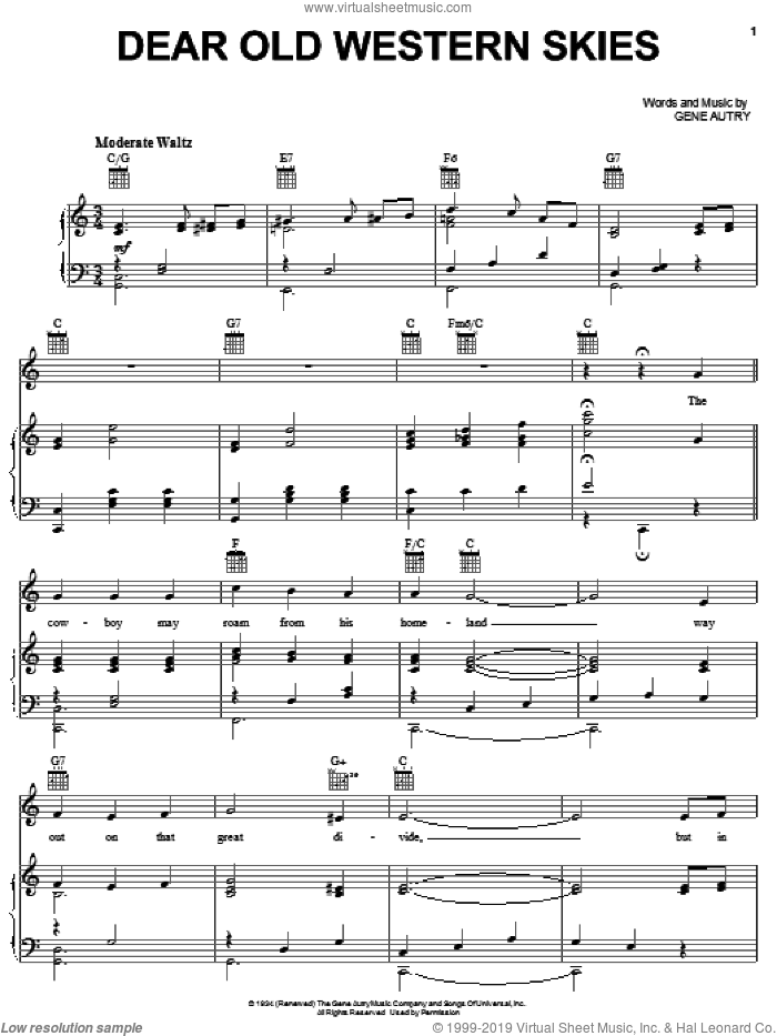 Dear Old Western Skies sheet music for voice, piano or guitar by Gene Autry, intermediate skill level