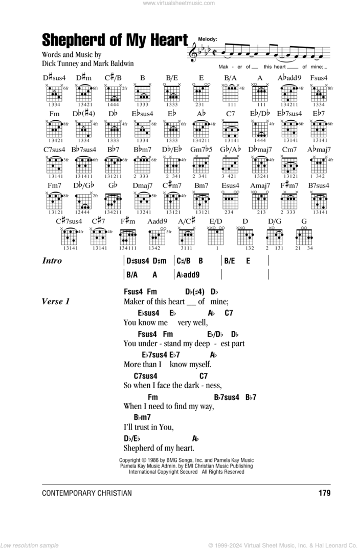 Shepherd Of My Heart sheet music for guitar (chords) by Sandi Patty, Dick Tunney and Mark Baldwin, intermediate skill level