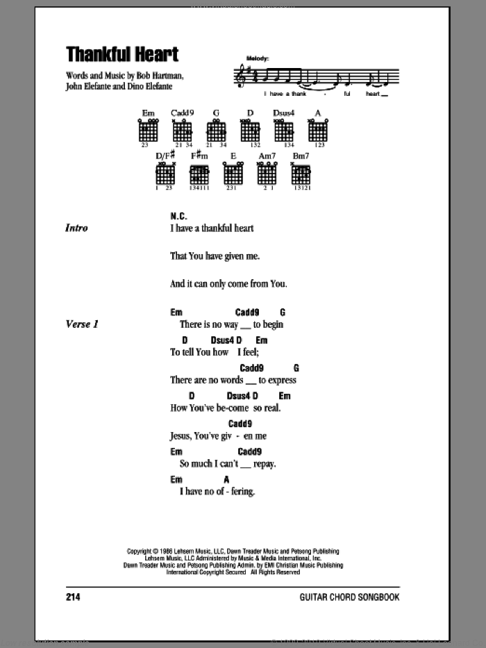 Thankful Heart sheet music for guitar (chords) by Bob Hartman, Dino Elefante and John Elefante, intermediate skill level