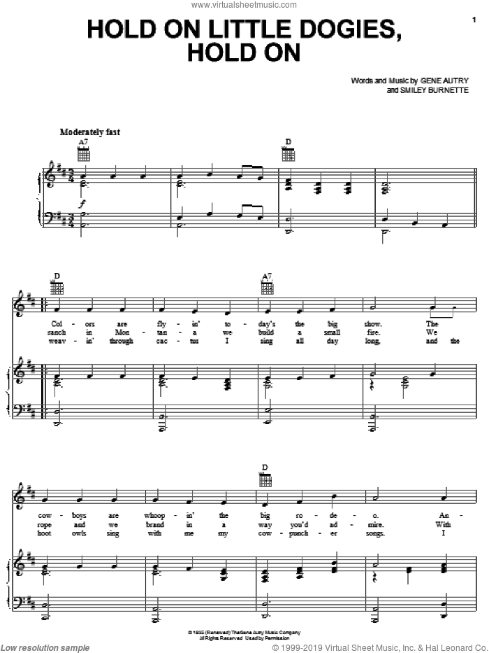 Hold On Little Dogies, Hold On sheet music for voice, piano or guitar by Gene Autry and Smiley Burnette, intermediate skill level