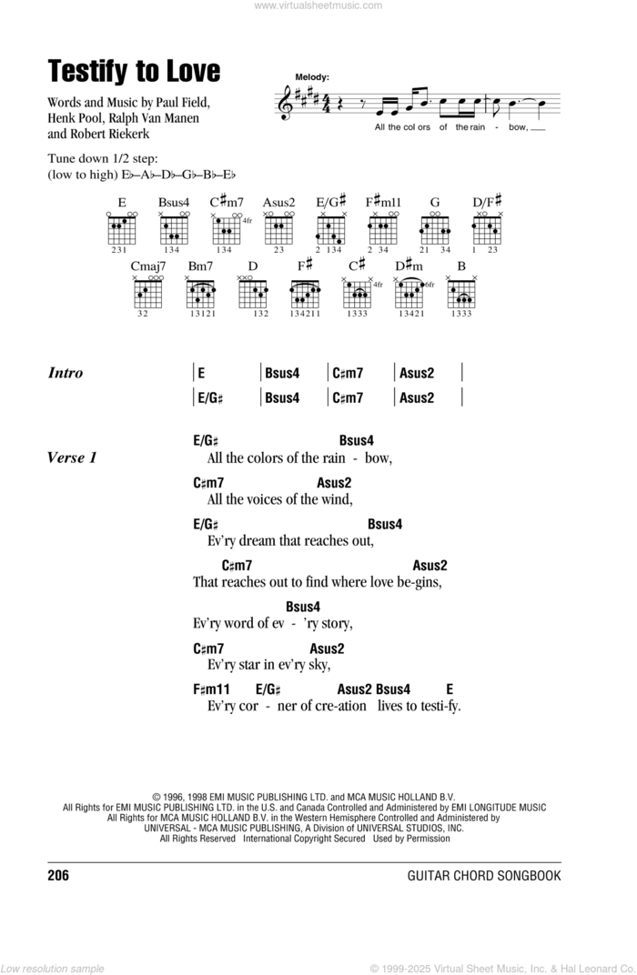 Testify To Love sheet music for guitar (chords) by Avalon, Henk Pool, Paul Field, Ralph Van Manen and Robert Riekerk, intermediate skill level