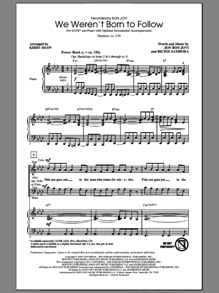 We Weren't Born To Follow sheet music for choir (SATB: soprano, alto, tenor, bass) by Bon Jovi, Richie Sambora and Kirby Shaw, intermediate skill level