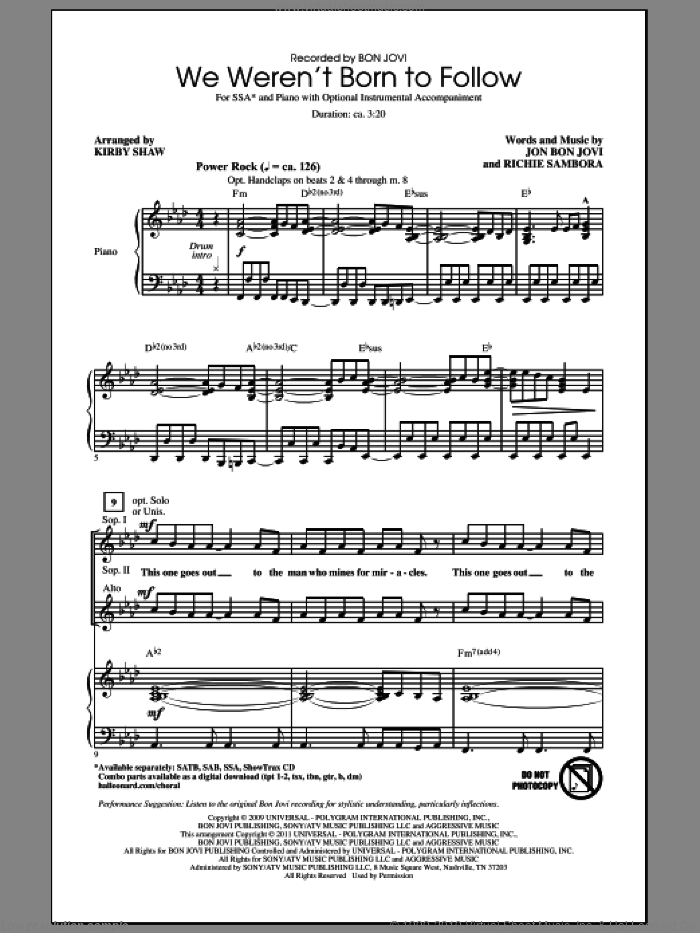 We Weren't Born To Follow sheet music for choir (SSA: soprano, alto) by Bon Jovi, Richie Sambora and Kirby Shaw, intermediate skill level