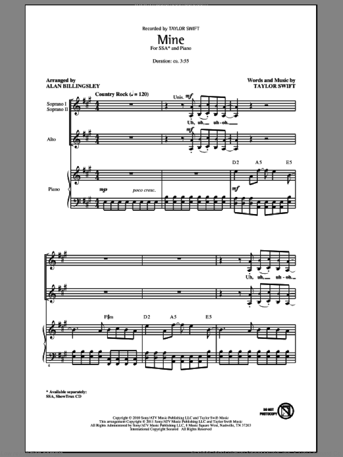 Mine sheet music for choir (SSA: soprano, alto) by Taylor Swift and Alan Billingsley, intermediate skill level