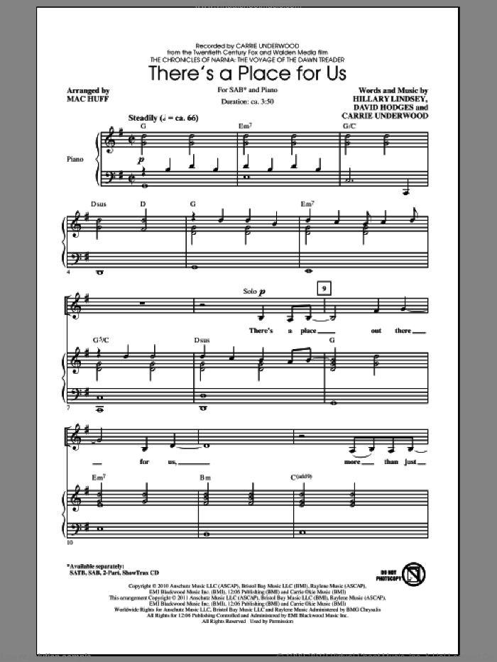 There's A Place For Us sheet music for choir (SAB: soprano, alto, bass) by Joe McElderry, David Hodges, Hillary Lindsey, Carrie Underwood and Mac Huff, intermediate skill level