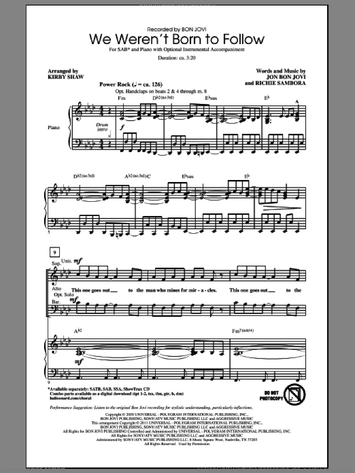 We Weren't Born To Follow sheet music for choir (SAB: soprano, alto, bass) by Bon Jovi, Richie Sambora and Kirby Shaw, intermediate skill level
