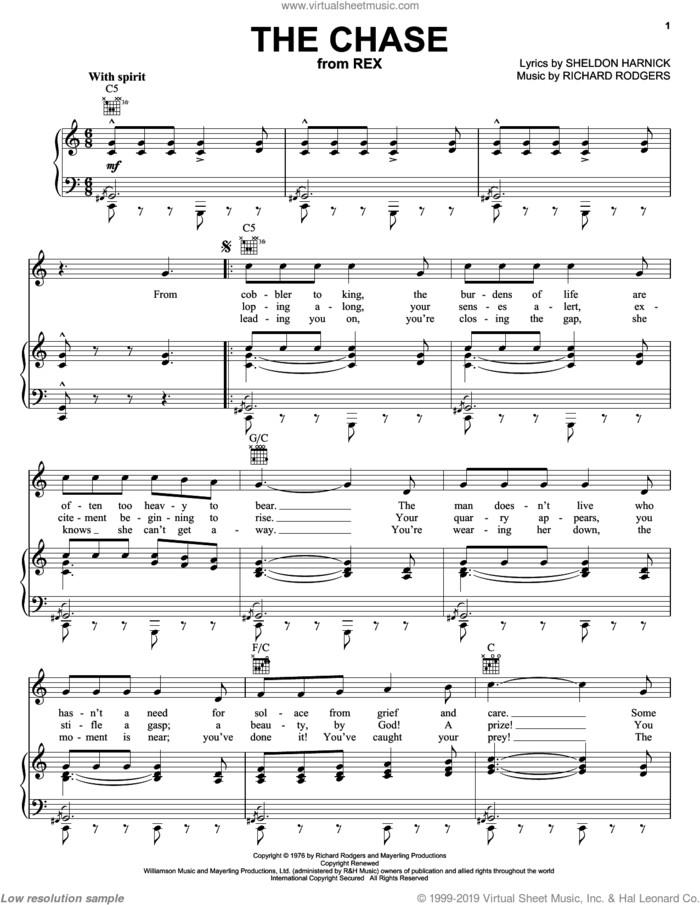 The Chase sheet music for voice, piano or guitar by Richard Rodgers, Rex (Musical) and Sheldon Harnick, intermediate skill level