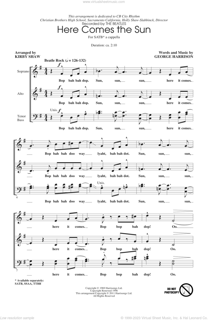 Here Comes The Sun (arr. Kirby Shaw) sheet music for choir (SATB: soprano, alto, tenor, bass) by George Harrison, Kirby Shaw and The Beatles, intermediate skill level