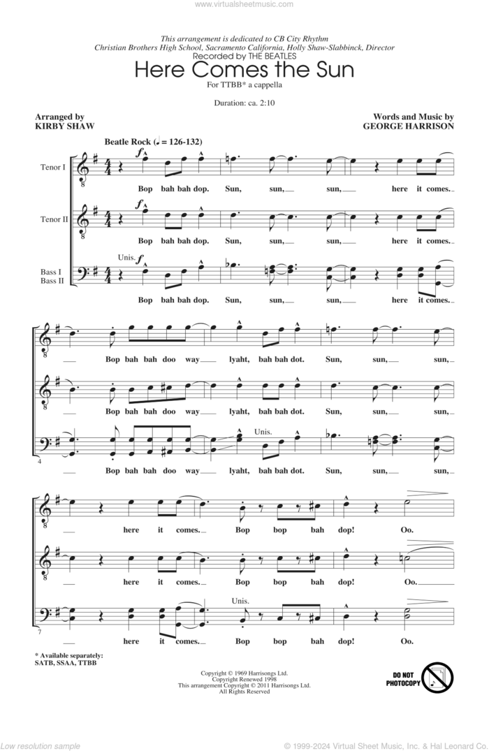 Here Comes The Sun (arr. Kirby Shaw) sheet music for choir (TTBB: tenor, bass) by George Harrison, Kirby Shaw and The Beatles, intermediate skill level