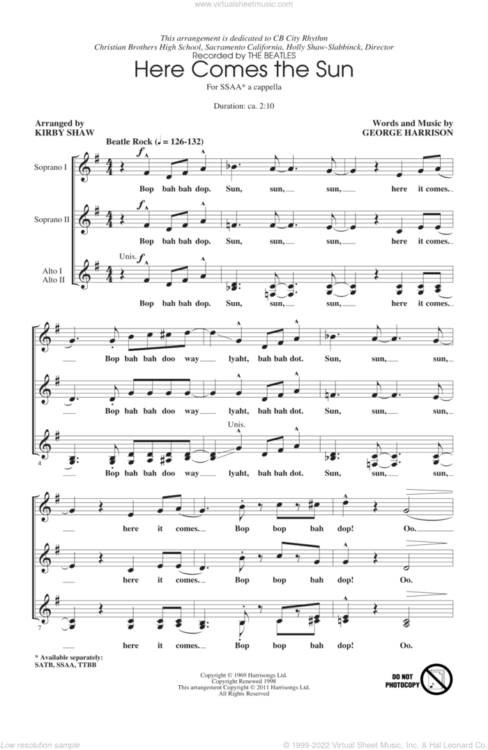 Here Comes The Sun (arr. Kirby Shaw) sheet music for choir (SSA: soprano, alto) by George Harrison, Kirby Shaw and The Beatles, intermediate skill level