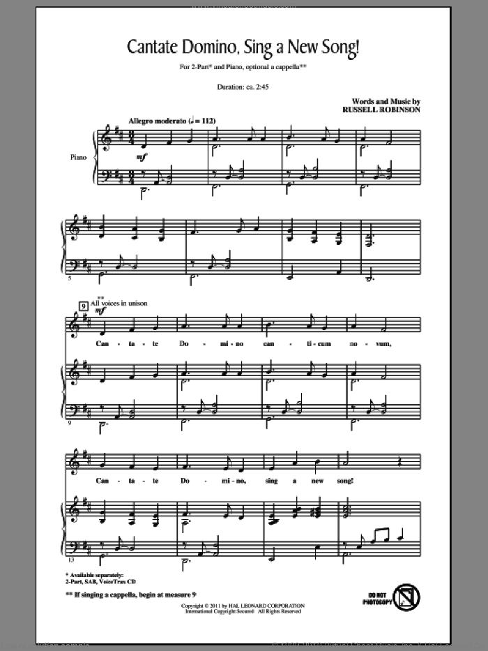 Cantate Domino, Sing A New Song! sheet music for choir (2-Part) by Russell Robinson, intermediate duet