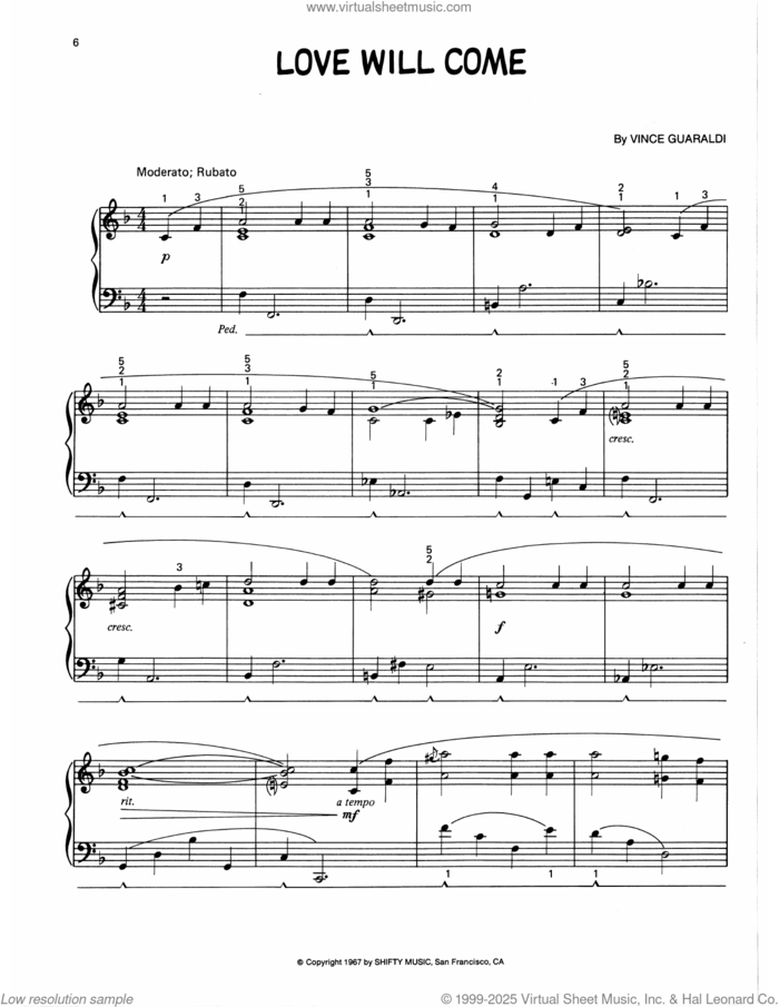Love Will Come (arr. Lee Evans) sheet music for piano solo by Vince Guaraldi and Lee Evans, intermediate skill level