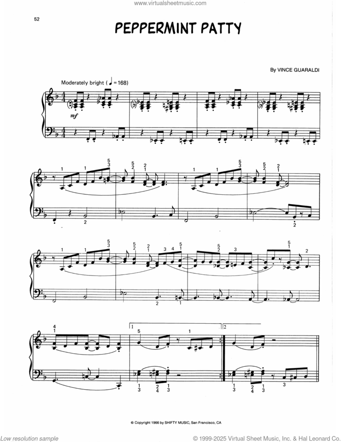 Peppermint Patty (arr. Lee Evans) sheet music for piano solo by Vince Guaraldi and Lee Evans, intermediate skill level
