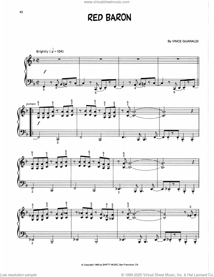 Red Baron (arr. Lee Evans) sheet music for piano solo by Vince Guaraldi and Lee Evans, intermediate skill level