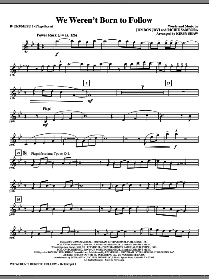 We Weren't Born To Follow (complete set of parts) sheet music for orchestra/band by Kirby Shaw, Bon Jovi and Richie Sambora, intermediate skill level