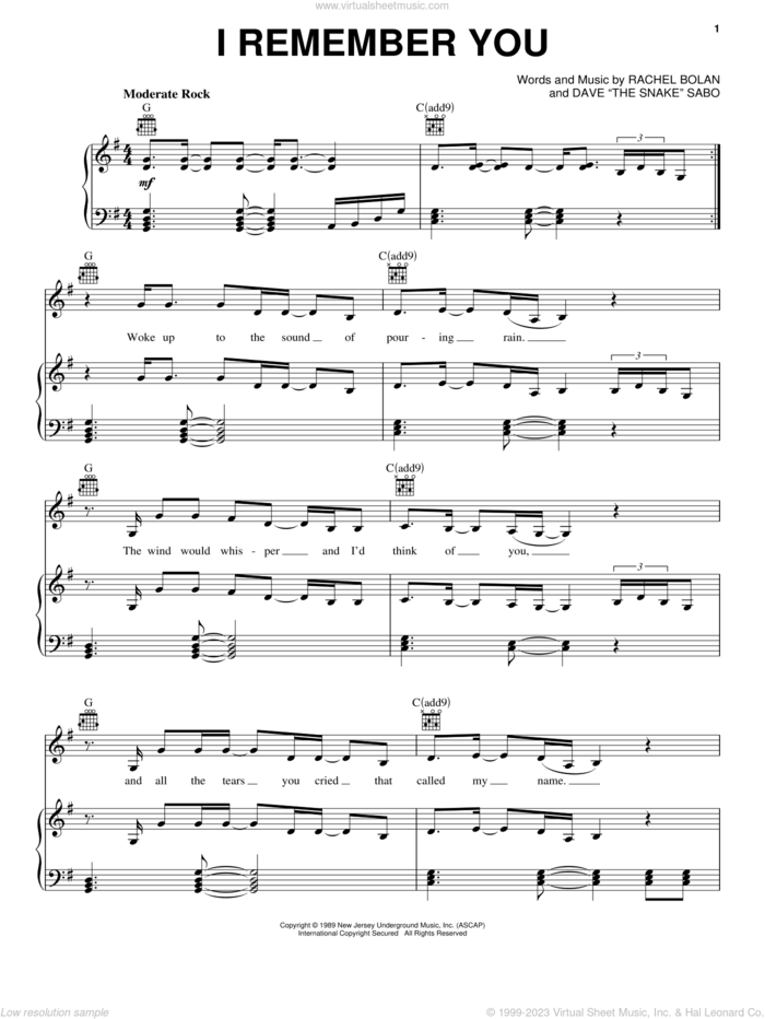 I Remember You sheet music for voice, piano or guitar by Skid Row, Dave 'The Snake' Sabo and Rachel Bolan, intermediate skill level
