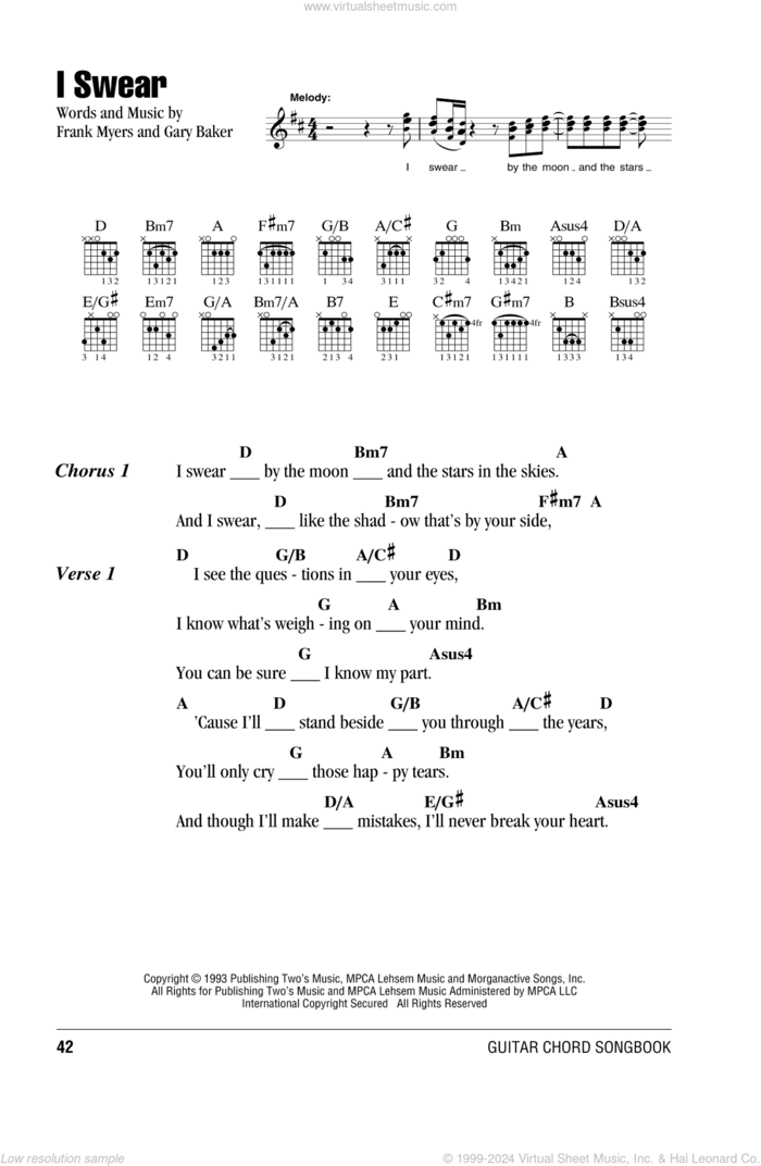 I Swear sheet music for guitar (chords) by All-4-One, John Michael Montgomery, David Foster, Frank Myers and Gary Baker, wedding score, intermediate skill level