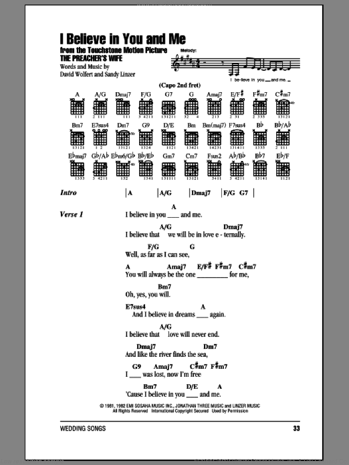 I Believe In You And Me sheet music for guitar (chords) by The Four Tops, Whitney Houston, David Wolfert and Sandy Linzer, wedding score, intermediate skill level