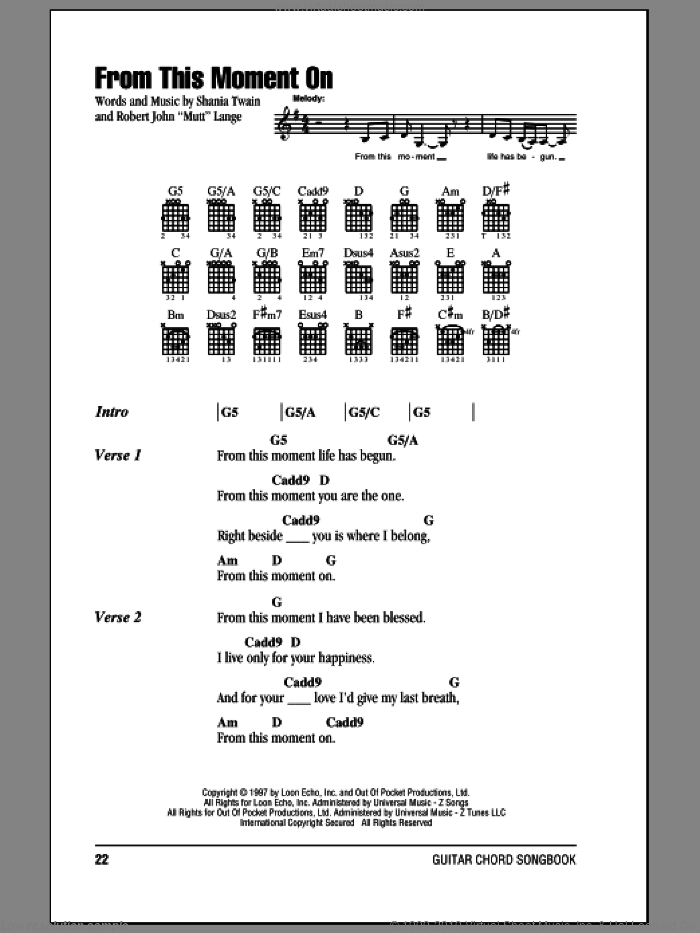 From This Moment On sheet music for guitar (chords) by Shania Twain and Robert John Lange, wedding score, intermediate skill level