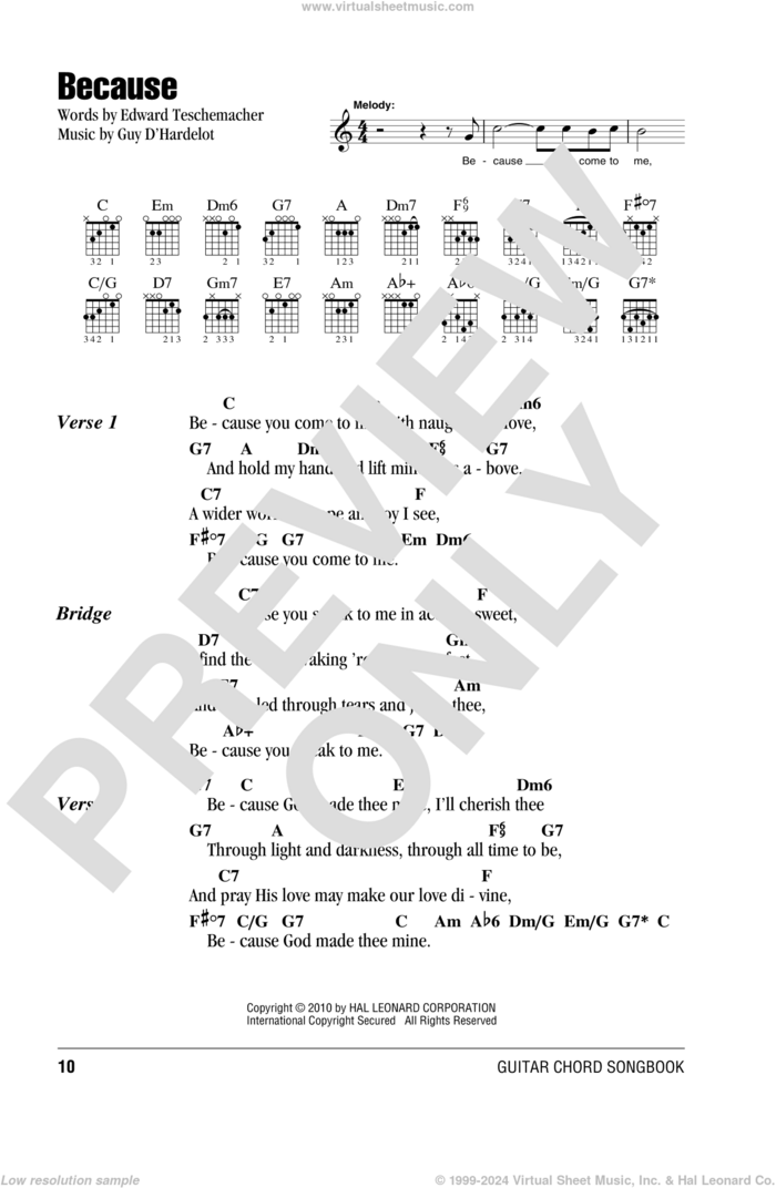 Because sheet music for guitar (chords) by Guy D'Hardelot and Edward Teschemacher, wedding score, intermediate skill level