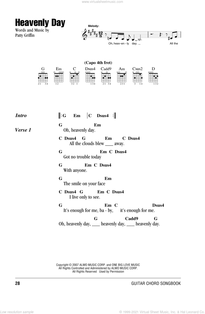Heavenly Day sheet music for guitar (chords) by Patty Griffin, wedding score, intermediate skill level