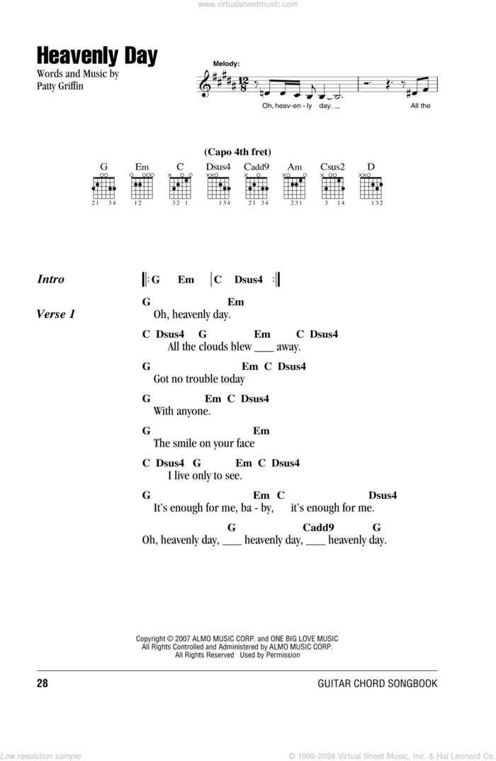 Heavenly Day sheet music for guitar (chords) by Patty Griffin, wedding score, intermediate skill level