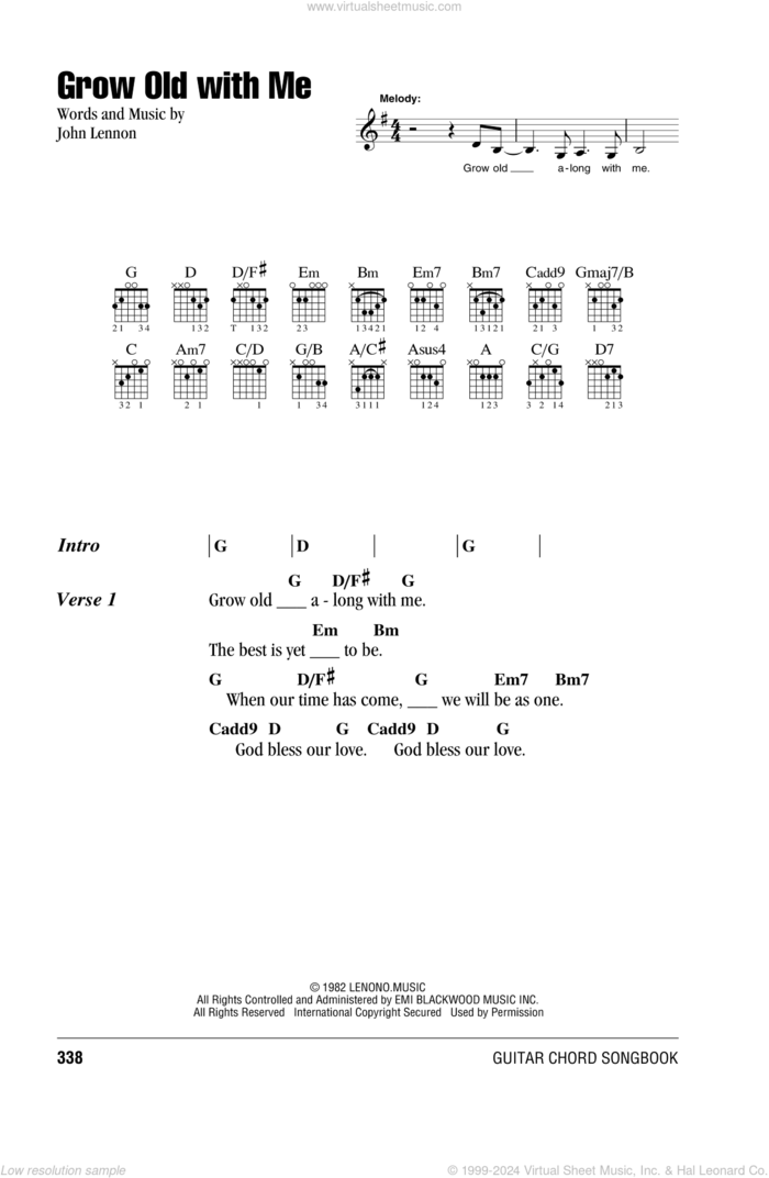 Grow Old With Me sheet music for guitar (chords) by John Lennon and Mary Chapin Carpenter, wedding score, intermediate skill level