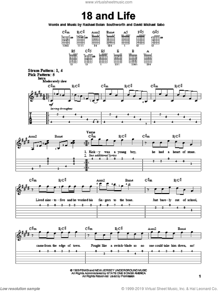 18 And Life sheet music for guitar solo (easy tablature) by Skid Row, David Michael Sabo and Rachael Bolan Southworth, easy guitar (easy tablature)