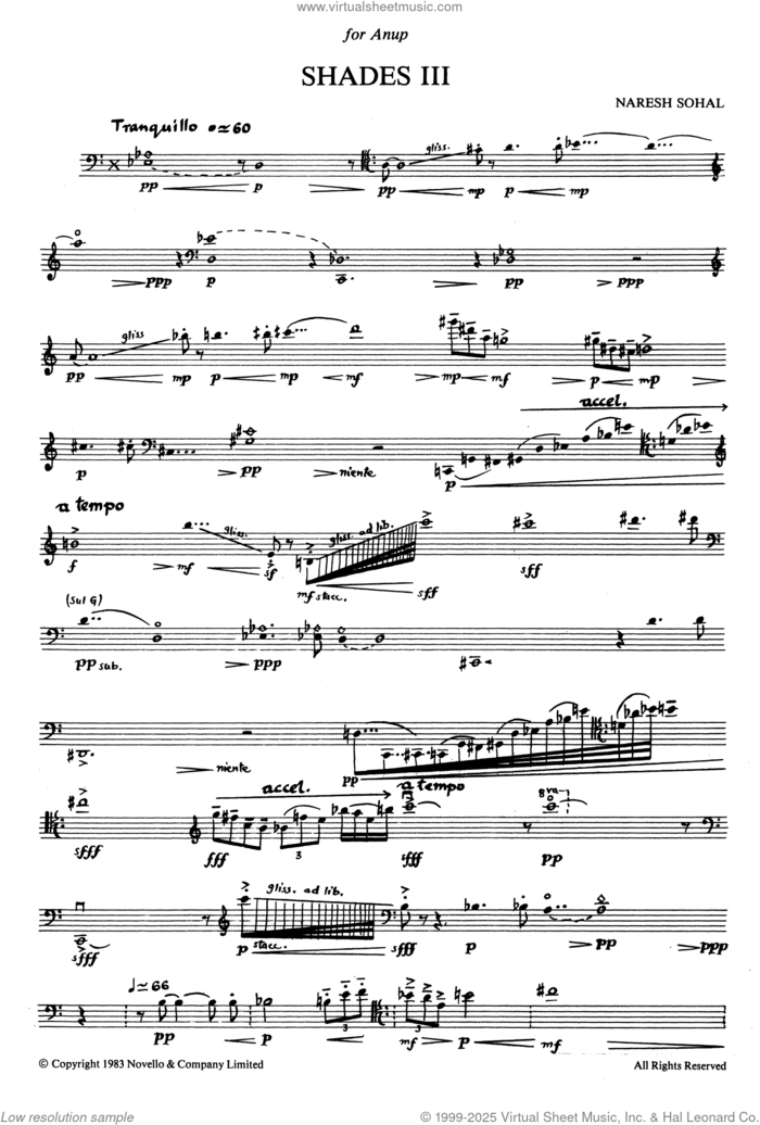 Shades III sheet music for cello solo by Naresh Sohal, classical score, intermediate skill level