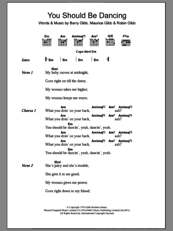 You Should Be Dancing sheet music for guitar (chords) by Bee Gees, Barry Gibb, Maurice Gibb and Robin Gibb, intermediate skill level
