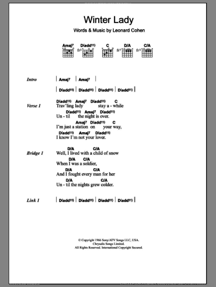 Winter Lady sheet music for guitar (chords) by Leonard Cohen, intermediate skill level