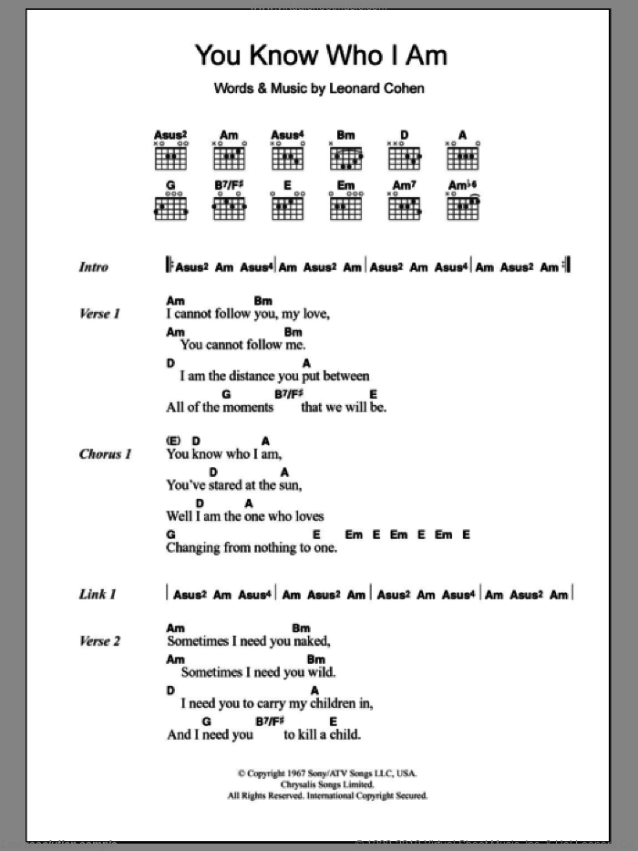 You Know Who I Am sheet music for guitar (chords) by Leonard Cohen, intermediate skill level