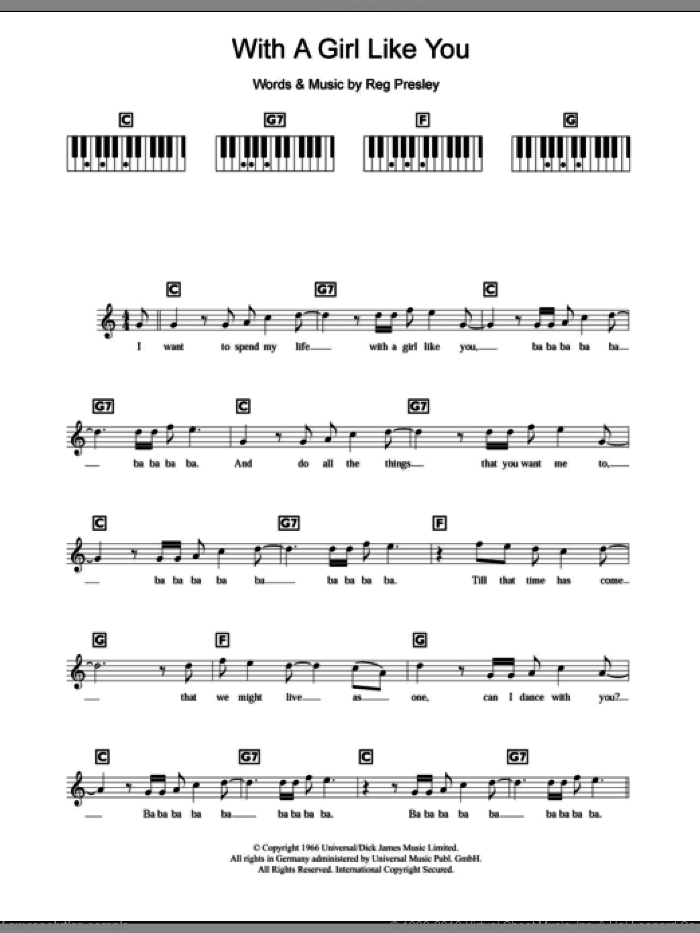 With A Girl Like You sheet music for piano solo (chords, lyrics, melody) by The Troggs and Reg Presley, intermediate piano (chords, lyrics, melody)