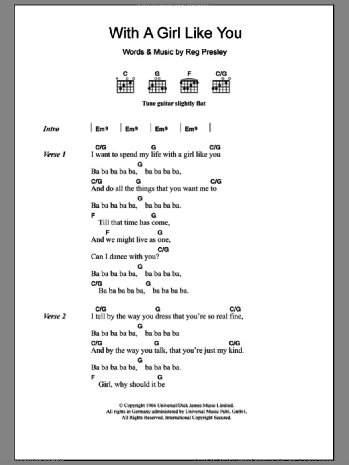 With A Girl Like You sheet music for guitar (chords) by The Troggs and Reg Presley, intermediate skill level