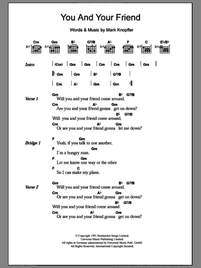 You And Your Friend sheet music for guitar (chords) by Dire Straits and Mark Knopfler, intermediate skill level
