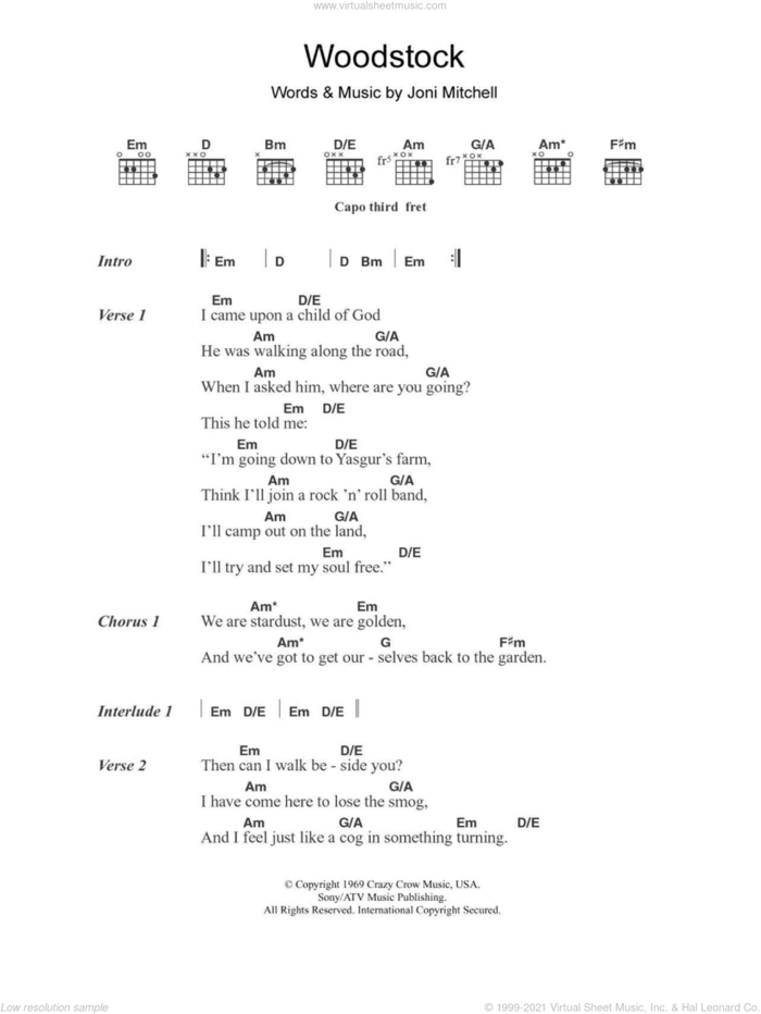 Woodstock sheet music for guitar (chords) by Joni Mitchell and Matthews Southern Comfort, intermediate skill level