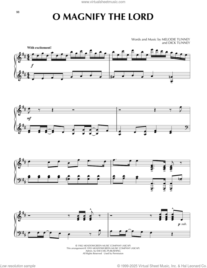O Magnify The Lord sheet music for piano solo by Sandi Patty, Dick Tunney and Melodie Tunney, intermediate skill level