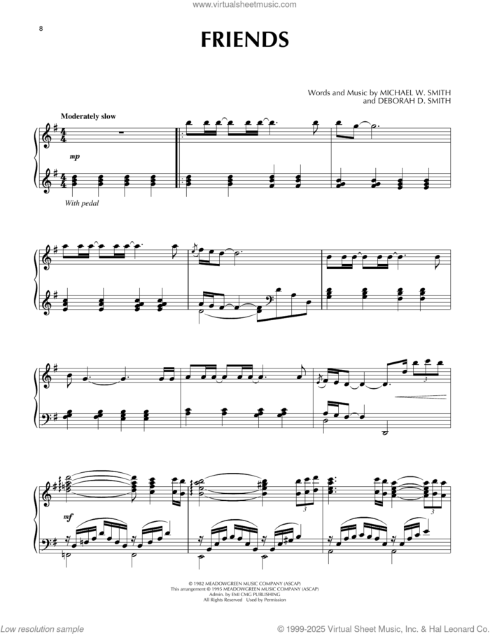 Friends, (intermediate) sheet music for piano solo by Michael W. Smith and Deborah D. Smith, intermediate skill level