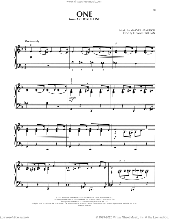 One (from A Chorus Line) sheet music for piano solo by Edward Kleban and Marvin Hamlisch, intermediate skill level