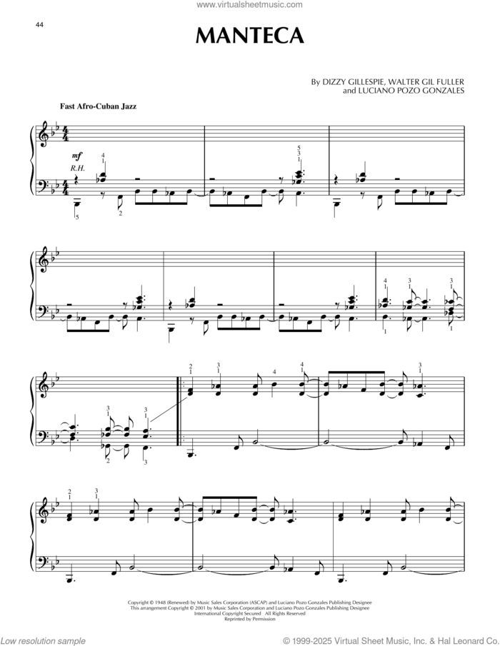 Manteca sheet music for piano solo by Walter Gil Fuller, Dizzy Gillespie and Luciano Pozo Gonzales, intermediate skill level