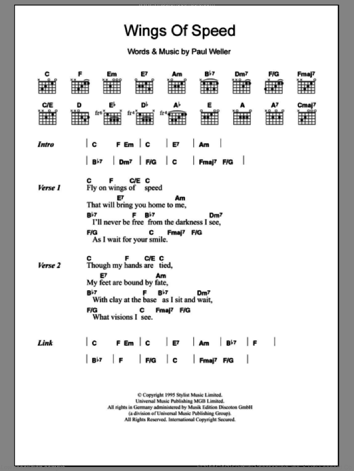 Wings Of Speed sheet music for guitar (chords) by Paul Weller, intermediate skill level