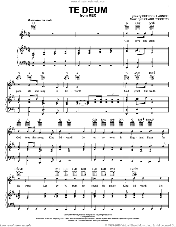 Te Deum sheet music for voice, piano or guitar by Richard Rodgers, Rex (Musical) and Sheldon Harnick, intermediate skill level