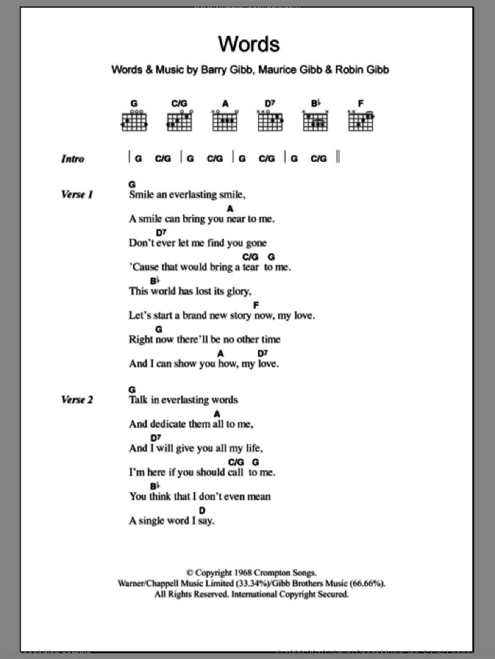 Words sheet music for guitar (chords) by Bee Gees, Boyzone, Barry Gibb, Maurice Gibb and Robin Gibb, intermediate skill level
