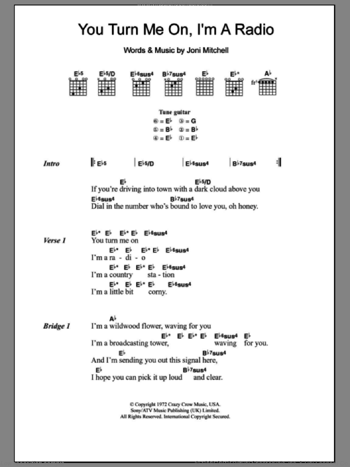 You Turn Me On I'm A Radio sheet music for guitar (chords) by Joni Mitchell, intermediate skill level