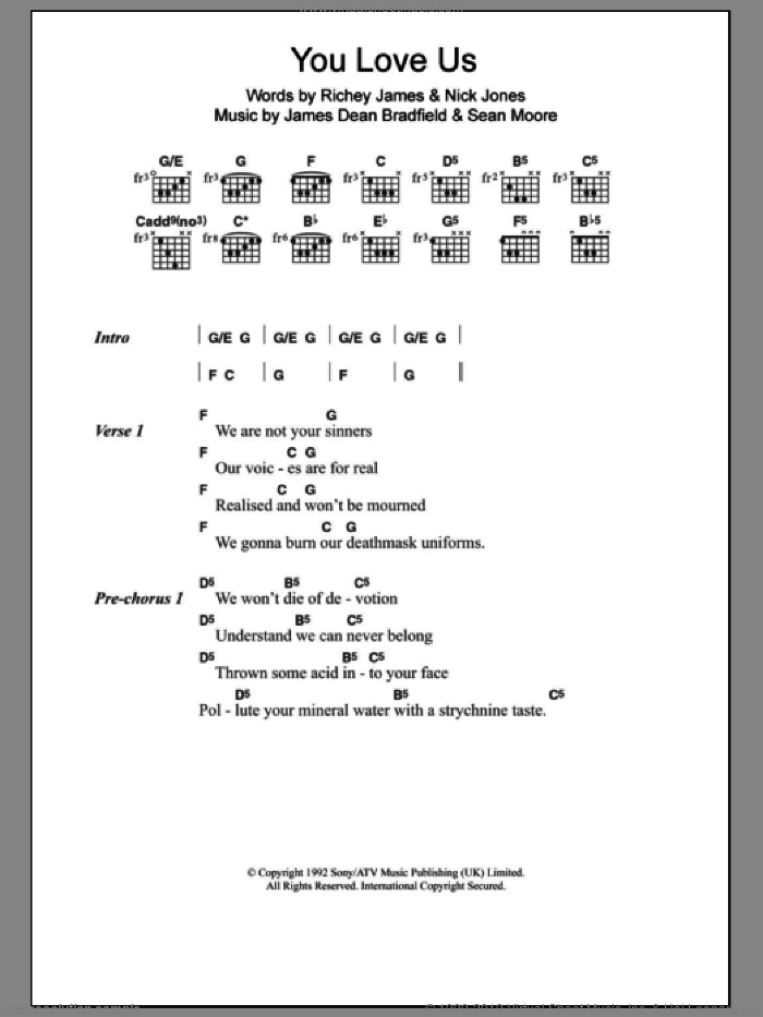 You Love Us sheet music for guitar (chords) by The Manic Street Preachers, James Dean Bradfield, Nick Jones, Richey James and Sean Moore, intermediate skill level